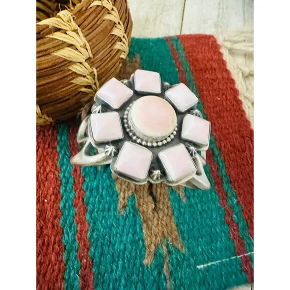 Handcrafted Old Pawn Sterling Silver & Queen Pink Conch Cluster Cuff Bracelet